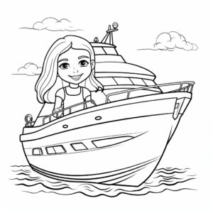 why not drawing coloring book style, simple for a T-shirt, of a little girl with long straight hair sitting on the front of a great big yacht that has a flybridge on it because she loves boating --style raw --stylize 50