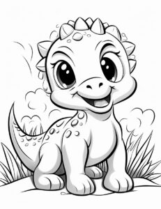 coloring pages for kids, cute baby dinosaur, brontosaurus, cartoon style, thick lines, low detail, black and white, no shading, --ar 85:110