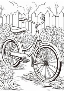 vintage Bike on a garden, coloring page for kids, black and white, pastel academia, in the style of frogcore, nostalgiacore, petcore, adventurecore, cartoon compositions, tasteful use of negative space, cottagecore coloring books --ar 15:21