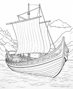 coloring page for kids, wikings boat, cartoon style, thick lines, low details, no shading --ar 9:11