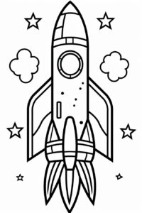 cartoon of a rocket ship, children coloring book page, black and white, kids, simple, white background --no color --ar 2:3