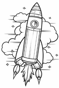 cartoon of a rocket ship, children coloring book page, white background --no color --ar 2:3