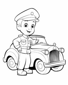 A cute car blend between disney and pixar style, Coloring book page for kids, black and white, shady, cute, attractive with the Little Tin Soldier standing on one leg on a white background, --ar 4:5 --quality 2 --stylize 50