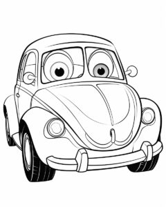 A cute car in pixar style, Coloring book page for kids, black and white, shady, cute, attractive with the characters from The Tale of Peter Rabbit in Mr on a white background, --ar 4:5 --quality 2 --stylize 50