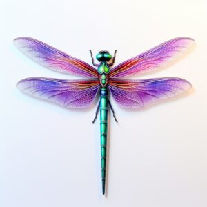 a dragonfly with a gradient of brightly colored purple pink and green wings in the style of a colored pencil drawing ultra hd photorealistic 4k image