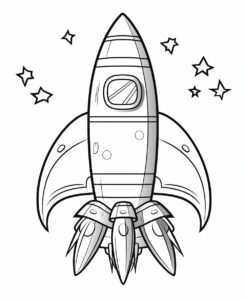 coloring page for kids, Space Rocket, cartoon style, thick lines, low details, no shadow --ar 9:11