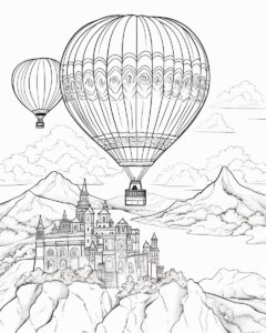 black and white coloring page hot air ballon --ar 4:5