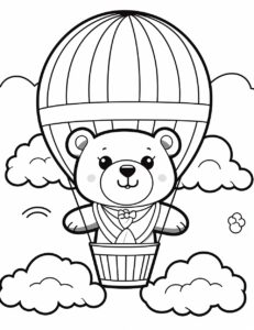 Coloring pages for kids, cute bear doing hot-air balloon, cartoon kawaii style, thick line, black and white, no shadding, --ar 85:110