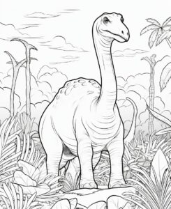 Apatosaurus coloring book for kids, in a jungle, white & black, cartoon style, thick lines, low detail, no shading --ar 9:11