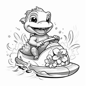 happy dinosaur, on jet ski , cute, adorable, lovely, coloring page, for kids, easy to color, no background