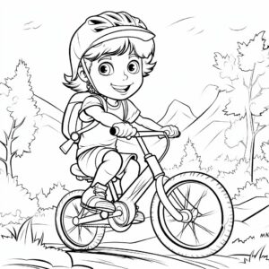 Coloring page for aduld, child with bicycle, background forest, cartoon style, thick linkes, very simple, rita berman, ar 9:11