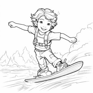 Coloring page for aduld, child with wakeboard, cartoon style, thick linkes, very simple, rita berman, ar 9:11