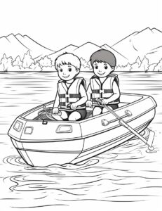 small children in life jackets on a small boat near the shore Black and white colors, the image is a simple coloring book style for children 4-6 years old, with white and black lines, cartoon style, crisp clean lines, thick lines, low detail, no shading in the style of childlike and naïve line art, vector --ar 17:22 --style raw