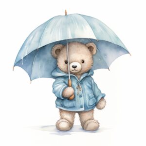 watercolour boy teddy bear, detailed, wearing a light blue rain coat, holding an umbrella, clean lines, high resolution, white background