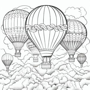 coloring pages for adults, Balloon Bunch: Tethered to a resting cloud are colorful hot air balloons, gently bobbing, their patterns and hues contrasting against the white cloud, thick lines, no shading