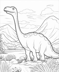 coloring page for kids, brontosaurus with volcano in background, cartoon style, thick lines, low detail, black and white, no shading, --ar 9:11 --stylize 50