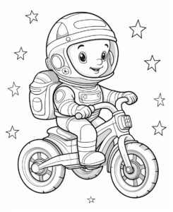 coloring book for kids, cute Astronaut driving Bicycle, black and white, cartoon style, simple outline and shapes, easy to color, low detail, clean line art, no shading, thick lines, vector --ar 9:11