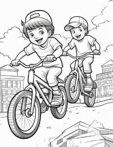 realistic cartoon coloring book page, 80's style bmx bike jumping no helmets, two kids cheering in background, black and white, no fill, --ar 85:110