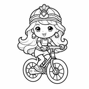 Kawaii queen riding a bike, drawn in black and white with clear, thick lines for a preschool coloring book, simple cartoon style, isolated on a white background