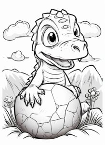 Coloring page for kids, Cartoon style, Cute style, Dinosaur egg hatching, No color, Clean line, No shading, Low detail, thick line, --ar 8:11