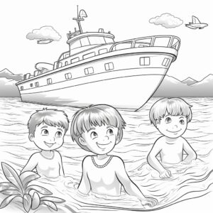 coloring page for kids, two boys and a girl who wearing swimmimg suit are swimming in the sea, one kid is sitting at the boat in the sea, cartoon style, low detail, thick lines, no shading - ar9:11