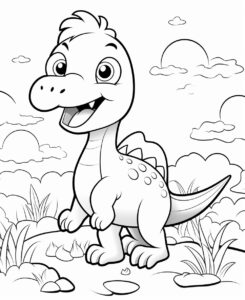 kids coloring book page, cute dinosaur, line drawing, cartoon style, full body, ultra white background --no color, shading --ar 9:11 --stylize 50