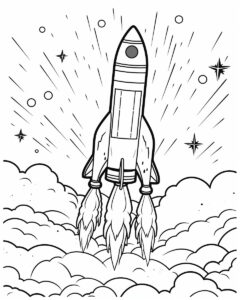 A cartoon rocket ship for children coloring book with crisp lines and white background-- ar17:22