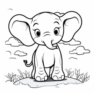 cute Elephant coloring page, 1 Bit, avoid detail, coloring page for kids, black-and-white outline, monochrome, simple outline, low detail, flat