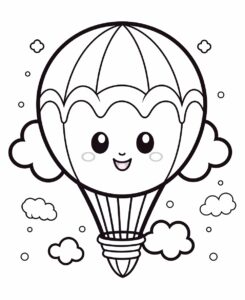 Kawaii Coloring page for kids, Kawaii smiling hot air balloon, clean line art, no black shading, no text --ar 9:11