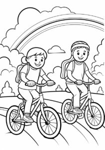 Riding Bicycles on Rainbow Roads, simple, minimalist, coloring page for kids, black - and - white outline, monochrome, simple outline, low detail, flat, 2d, white background ::1.5 --ar 210:297