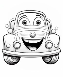 coloring page for kids, happy face car, no shading, black and white, white background --ar 9:11