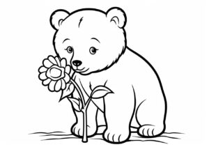 Vector Illustration,a bear cub smelling a flower , coloring page, black-and-white outline, lineart, simple outline, flat, 2d, on white background ::1.5 coloring page, outline ::0.5 gradients ::-1 --no gradients, shading --ar 297:210 --style raw