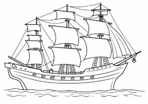 Vector Illustration,a toy ship , coloring page, black-and-white outline, lineart, simple outline, flat, 2d, on white background ::1.5 coloring page, outline ::0.5 gradients ::-1 --no gradients, shading --ar 297:210 --style raw