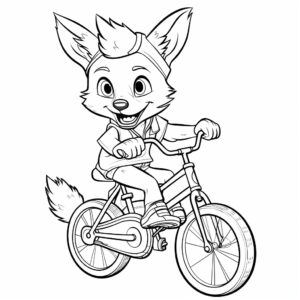 b&w lineart style,cute coyote riding a bicycle , white background, full body, picture, coloring book style on white background, well composed, clean coloring book page, No dither, no gradient, strong outline, No fill, No solids, vector illustration, –ar 297:210 –v 5