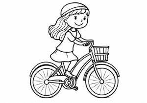 cute girl ::1 bicycle ::1 forest, coloring page, black-and-white outline, lineart, simple outline, flat, 2d, on white background ::1.5 coloring page, outline ::0.5 gradients ::-1 --no gradients, shading --ar 297:210 --style raw --stylize 50