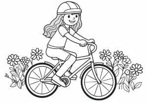 cute girl riding a bicycle on the playground, coloring page, black-and-white outline, lineart, simple outline, flat, 2d, on white background ::1.5 coloring page, outline ::0.5 gradients ::-1 --no gradients, shading --ar 297:210 --style raw --stylize 50