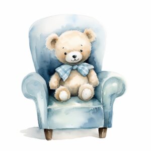 A watercolor image of a cute tiny baby teddy bear sitting on a chair, watercolor, light blue colors, isolated white background, babyshower clipart, 8k, in the style of Cecily Mary Barker, hyper realistic