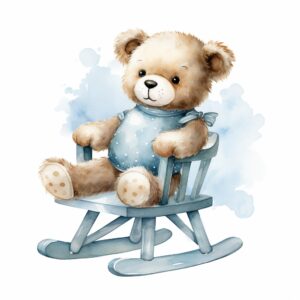 A watercolor image of a cute tiny baby teddy bear riding a rocking horse, watercolor, pale blue colors, isolated white background, babyshower clipart, 8k, in the style of Cecily Mary Barker, hyper realistic