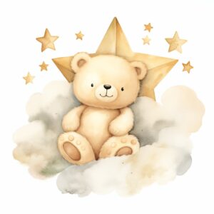 A watercolor image of an ivory cream cloud with a cute cream baby teddy bear sleeping on it, watercolor, stars, isolated white background, babyshower clipart, 8k, in the style of Cecily Mary Barker, hyper realistic