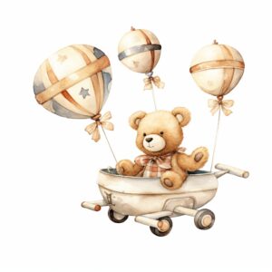 A watercolor image of teddy bear crib mobile with planes, watercolor, white and cream colors, isolated white background, babyshower clipart, 8k, in the style of Cecily Mary Barker, hyper realistic