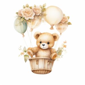 A watercolor image of teddy bear wearing a tan dress with flower crown flying a hot air balloon watercolor, tan and cream colors, isolated white background, babyshower clipart, 8k, in the style of Cecily Mary Barker, hyper realistic