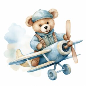 A watercolor image of teddy bear wearing pale blue overalls flying a plane, watercolor, light blue colors, isolated white background, babyshower clipart, 8k, in the style of Cecily Mary Barker, hyper realistic