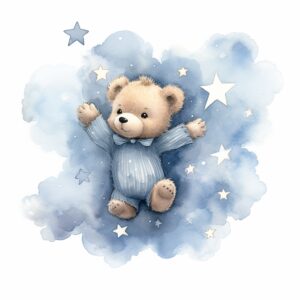 A watercolour image of a tiny cute baby bear wearing a denim blue bowtie, holding a star and performing an elegant dance in mid-air, surrounded by floating stars and sitting on top of an ethereal cloud in the style of Cecily Mary Barker on a white background, hyper realistic, 8k