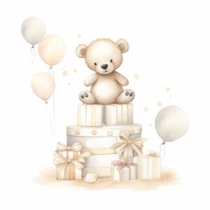 Stacked white and cream colors blocks with numbers, tiny cute baby teddy bear, watercolor, babyshower clipart, 8k, in the style of Cecily Mary Barker on a white background, hyper realistic