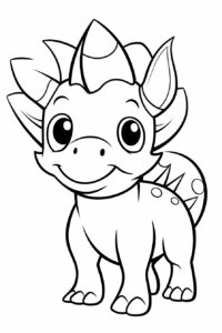 cute cartoon Triceratops in coloring page style. The Triceratops should be drawn with simple, cartoonish style and bold thin lines against a white background. The outline of the Triceratops should be thick and easy for young children to color in. The background should be simple with a few trees or rocks to add interest. Simple outline, flat 2D line style --ar 2:3