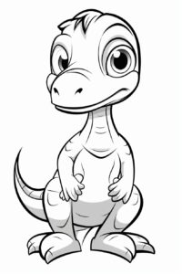 cute cartoon Velociraptor in coloring page style. simple, cartoonish style and bold thin lines against a white background. The outline should be easy for young children to color in. The background should be simple with a few trees or rocks to add interest. Simple outline, flat 2D line style --ar 2:3