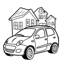 simple cute black and white coloring page for kids, cartoon car, thick outlines, white background --no shading, gradients, color --ar 9:11 --stylize 50