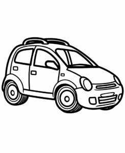 simple cute black and white coloring page for kids, cartoon car, thick outlines, white background --no shading, gradients, color --ar 9:11 --stylize 50