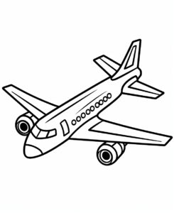 simple cute black and white coloring page for kids, cartoon plane, thick outlines, white background --no shading, gradients, color --ar 9:11 --stylize 50