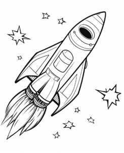 coloring page for kids, rocket in space, cartoon style, thick lines, low detail, no shading, --ar 9:11